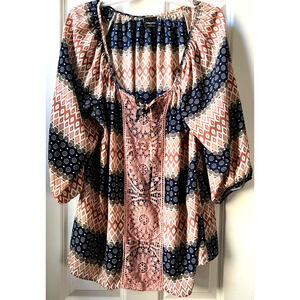 Wallpapher Three Quarter Sleeve Boho Chic Scoop Neck Lace Tie Flowy Blouse 1X